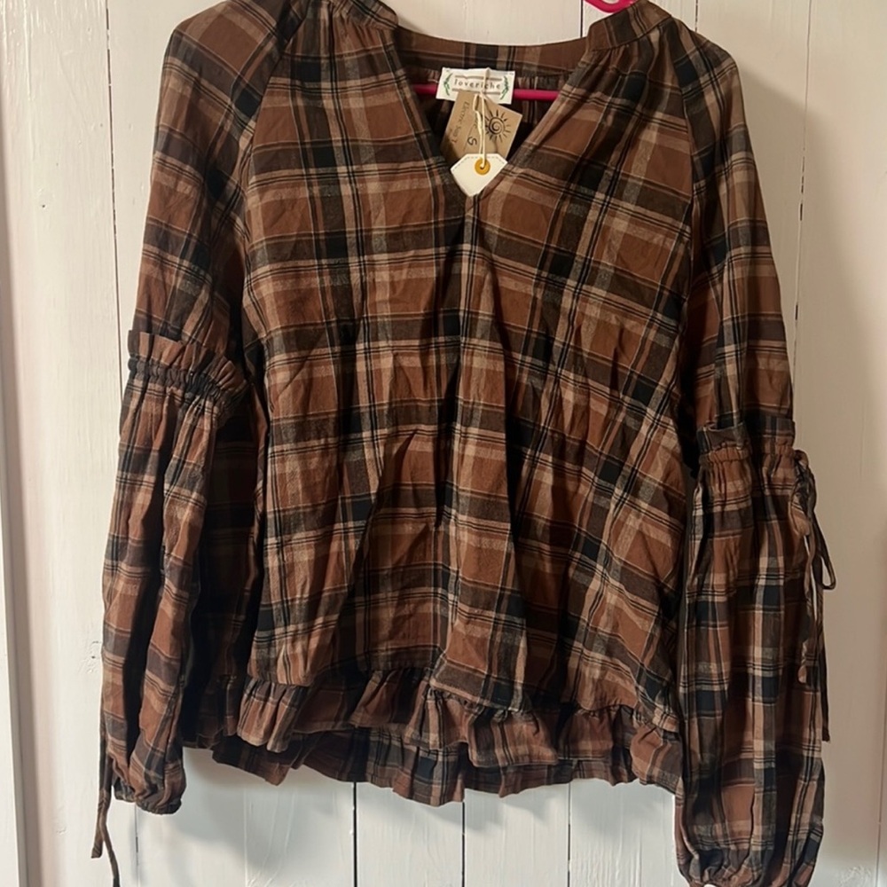 Brown and Tan Ruffled Long Sleeve Blouse with Tie Front